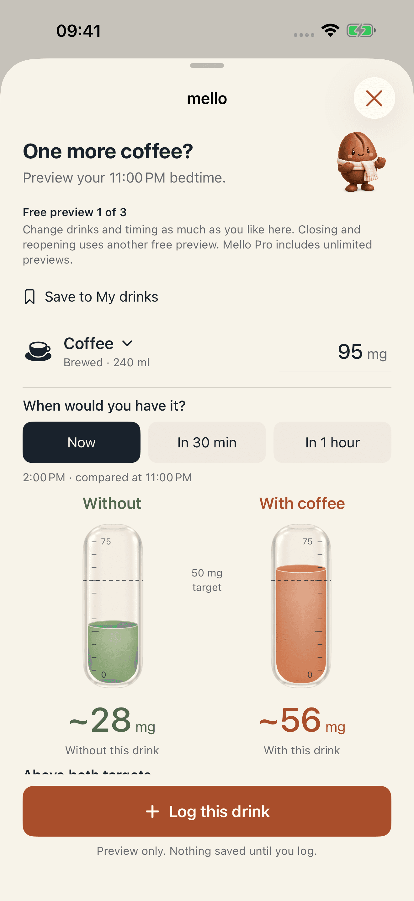 Mello’s drink preview screen for comparing the estimated caffeine remaining at bedtime.