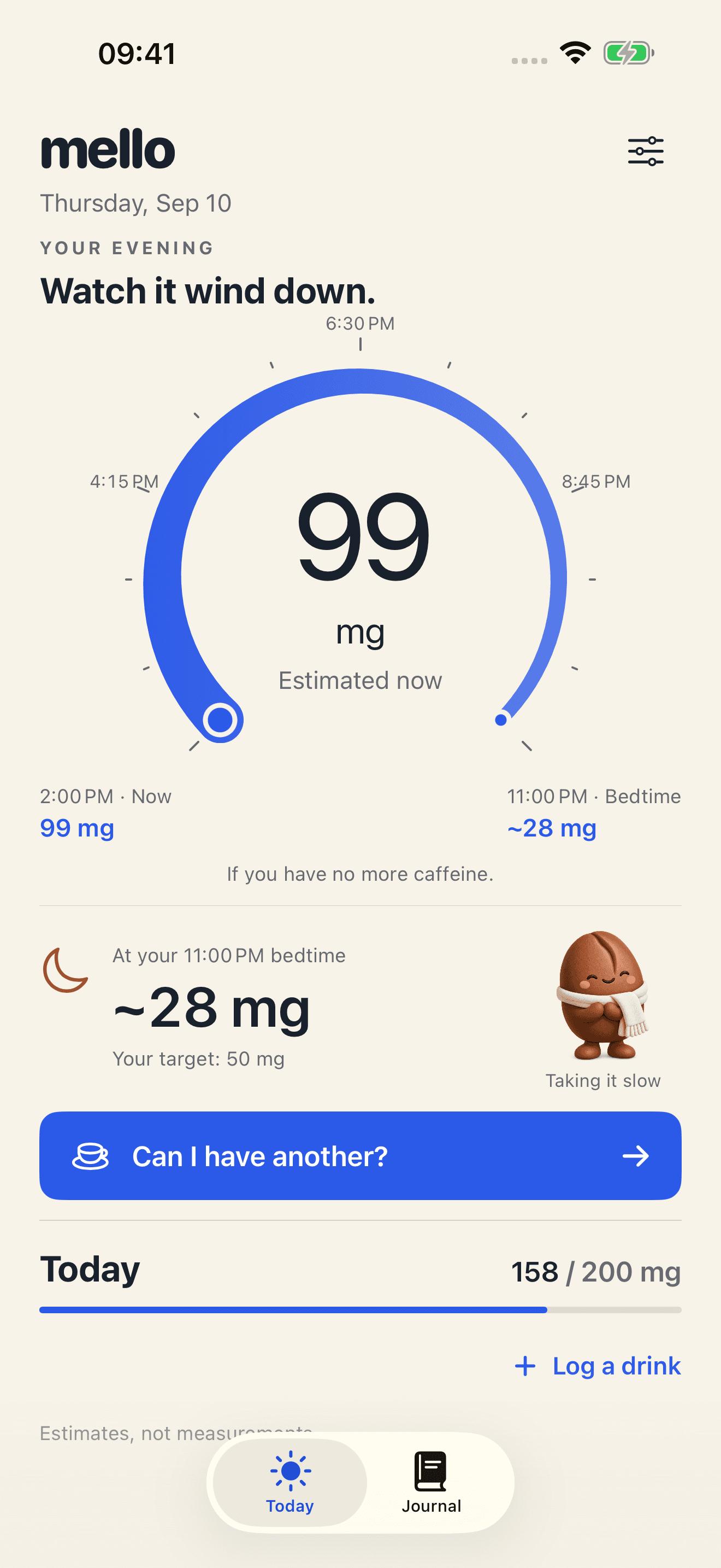 Mello’s Today screen showing a caffeine forecast from an estimated 99 mg now to about 28 mg at bedtime, using sample drink data.