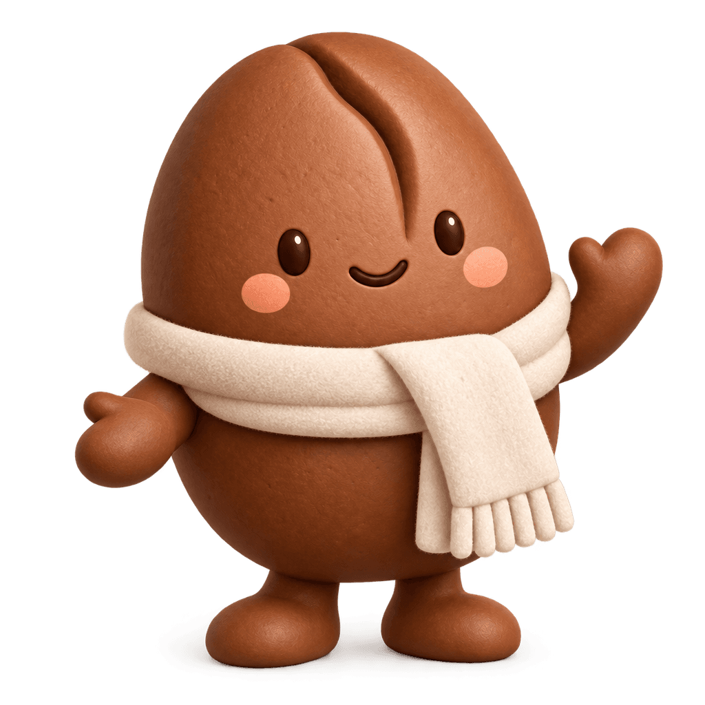 Mello, a smiling coffee-bean companion wearing a cosy cream scarf and waving hello.